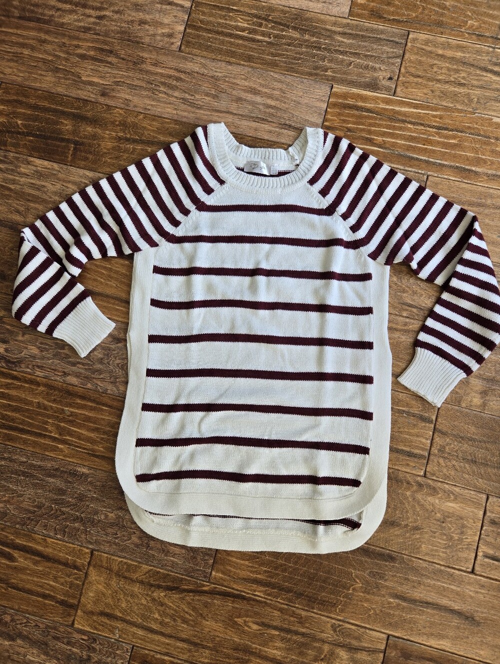 RD Style Long-Sleeve Stripe Sweater - Cream & Burgundy With Open Slits On Sides